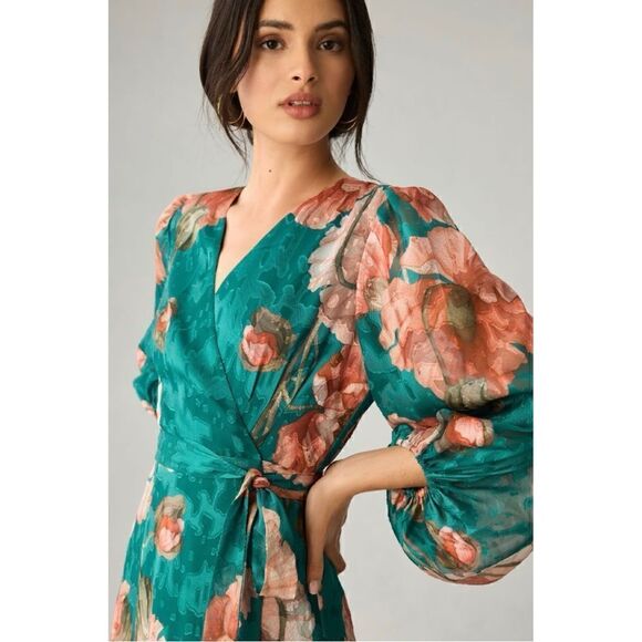 NEW Anthropologie Hutch V-Neck Floral Textured Puff Wrap Maxi Dress XX-Small - Picture 3 of 4